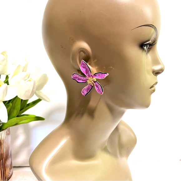 New Flower Power Polka Dot Purple Large Enamel Statement Earrings - Picture 2 of 16